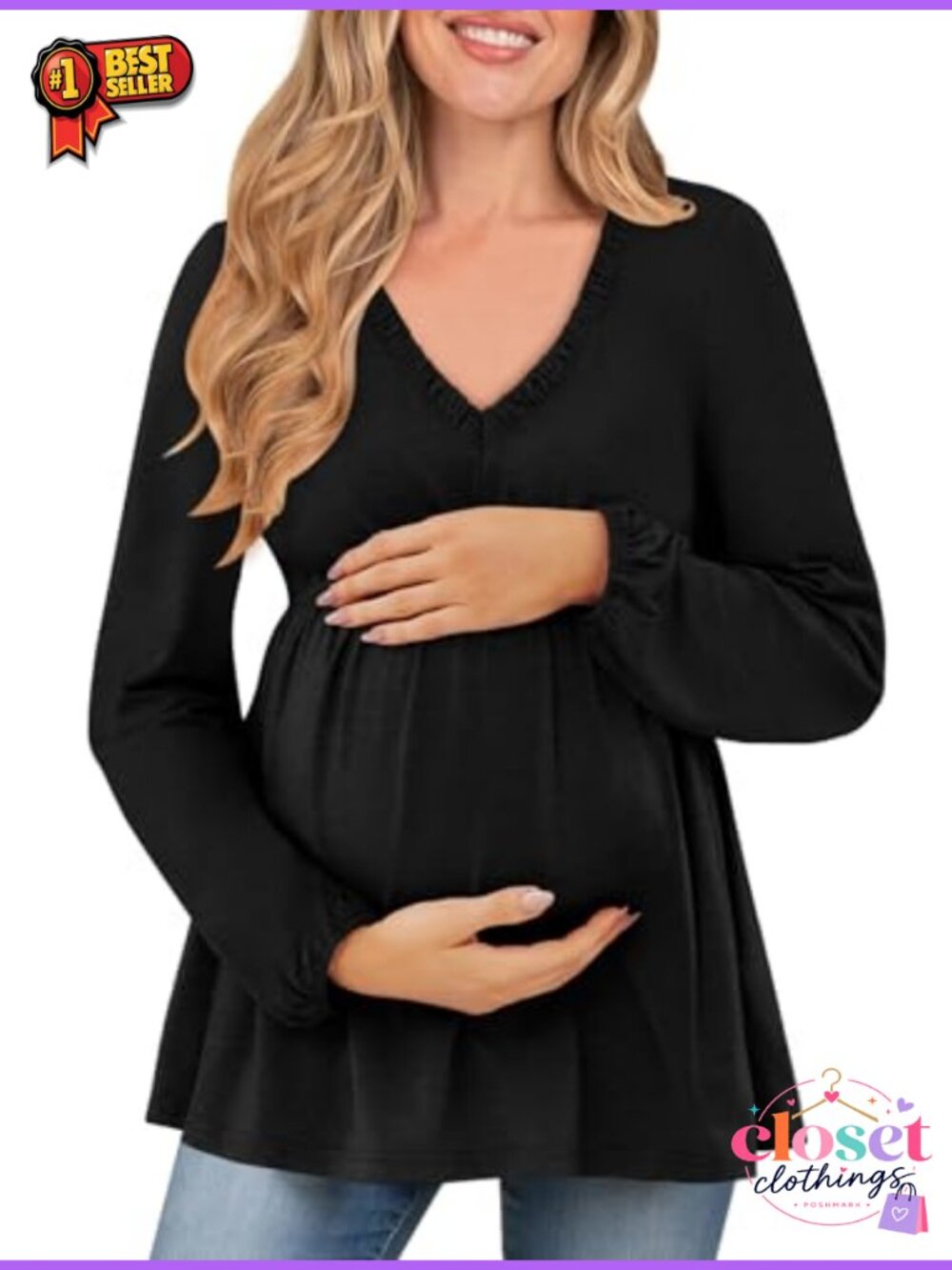 Maternity Long Sleeve V Neck Pleated Babydoll Blouse - Women's Loose Fit Tunic